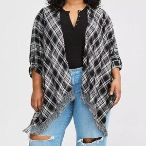 NWT Torrid Flannel Drape Front Kimono Women Black White Plaid Roll Sleeves 1X